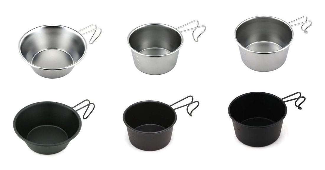 シルバーとブラック、330ml・300ml・600mlのシェラカップのラインナップ