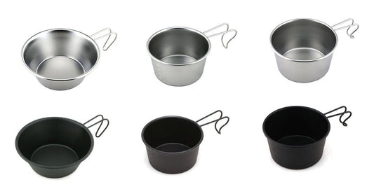 シルバーとブラック、330ml・300ml・600mlのシェラカップのラインナップ